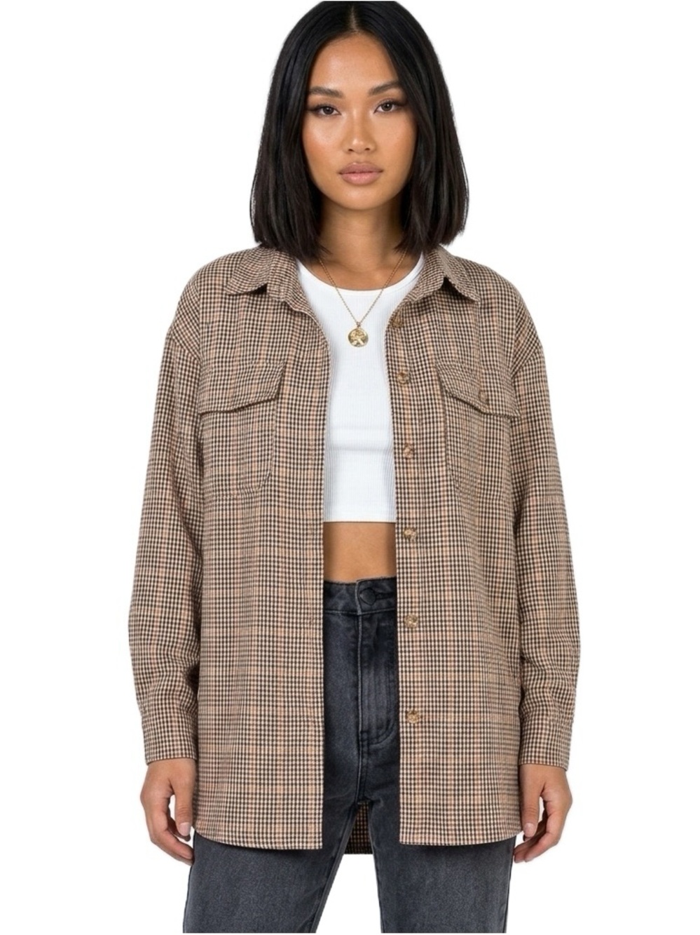 Princess Polly Willa Brown Plaid Button Down Shacket Shirt
